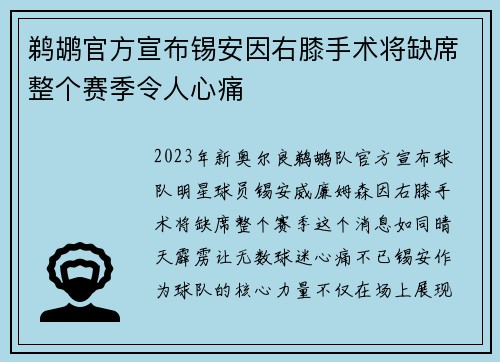 鹈鹕官方宣布锡安因右膝手术将缺席整个赛季令人心痛